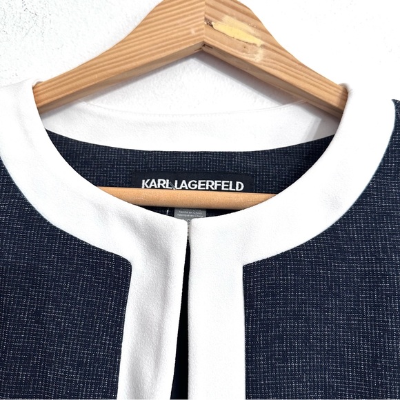 Karl Lagerfeld Blazer Navy Small Long Jacket White Contrast Trim Lined Pockets - Picture 5 of 15